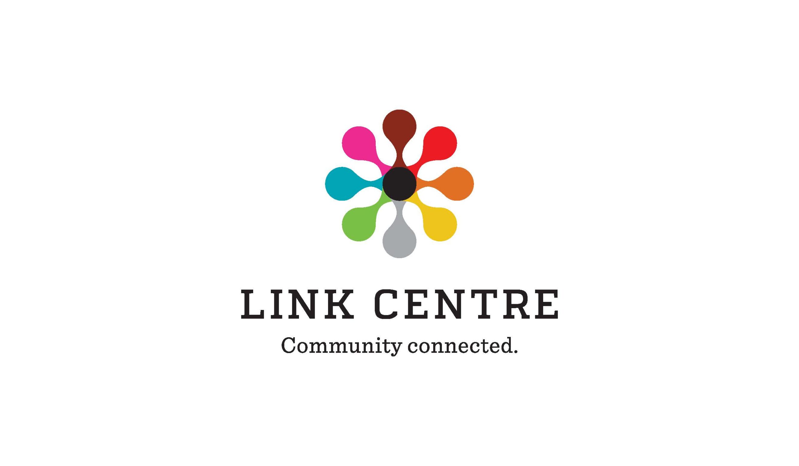 A colorful abstract flower-like logo above the text "Link Centre Community connected." on a white background.