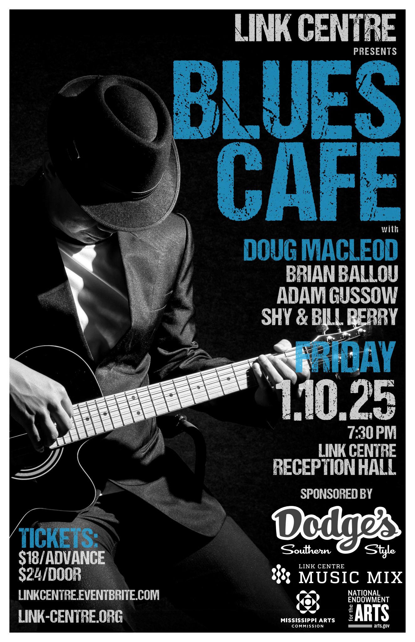 Poster for "Blues Café" event with a musician playing guitar. Features artists' names, date (Friday 1.10.25), time (7:30 PM), and location (Link Centre Reception Hall). Ticket and sponsor details included.